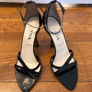 Prada black patent leather sandal heels